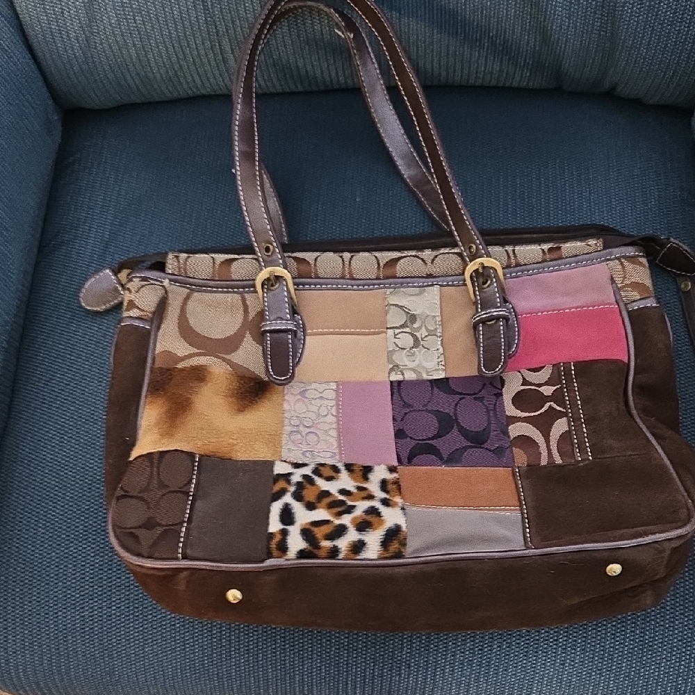 Coach Patchwork Leather & Suede Shoulder Tote in Brown, Pink, Purple & Tan